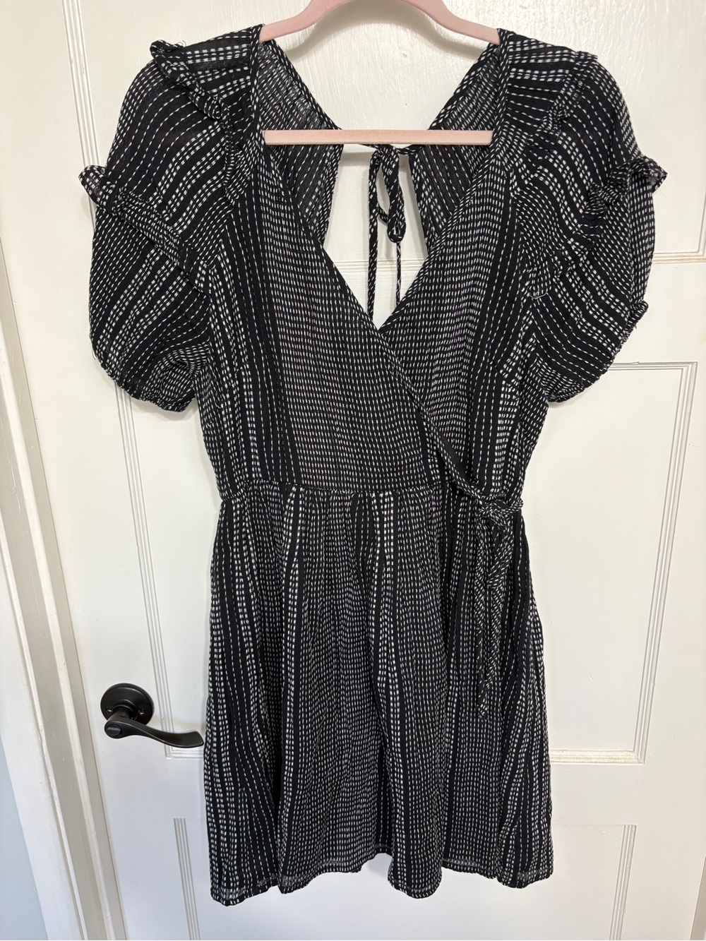 Topshop Black Wrap-Style Short Sleeve Dress with White Stripe Detail
